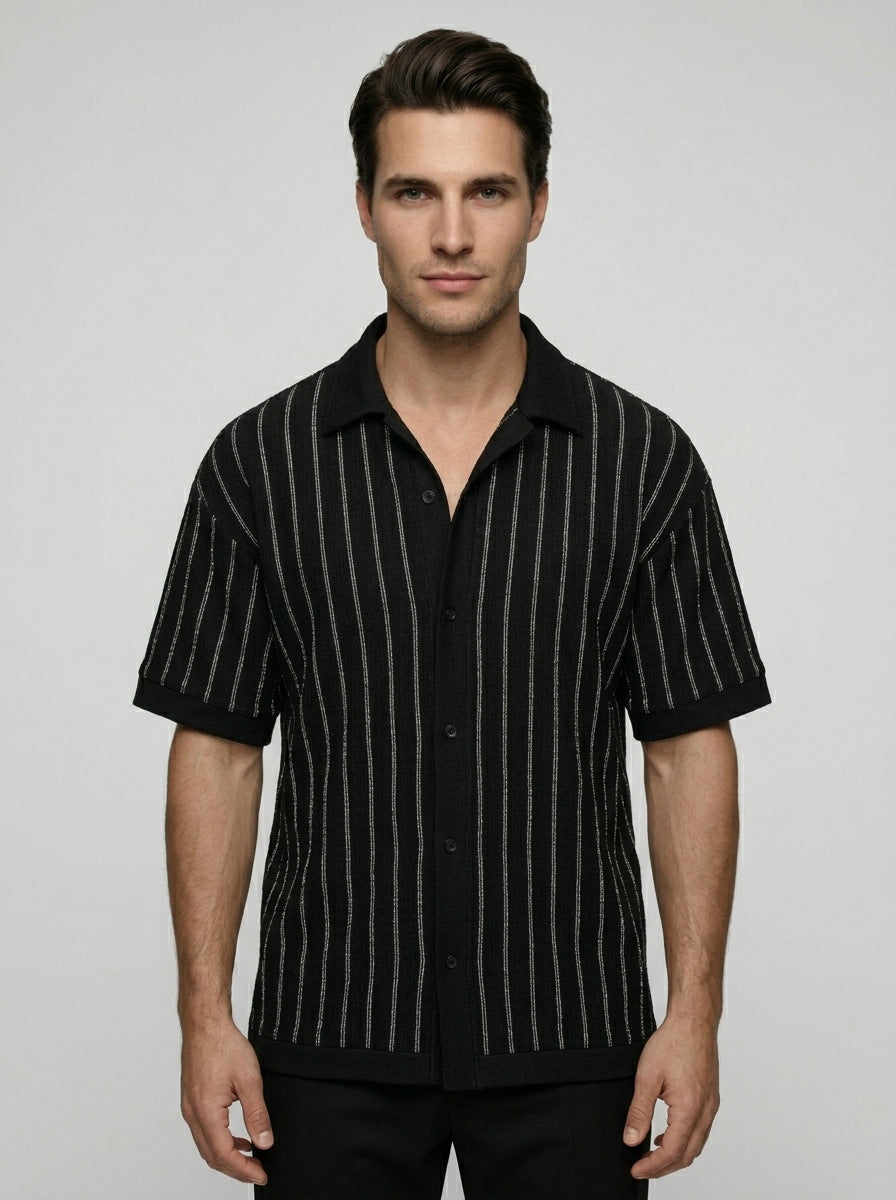 Men's Pointelle Stripe Knit Shirt and Tapered Trouser Two Piece Set