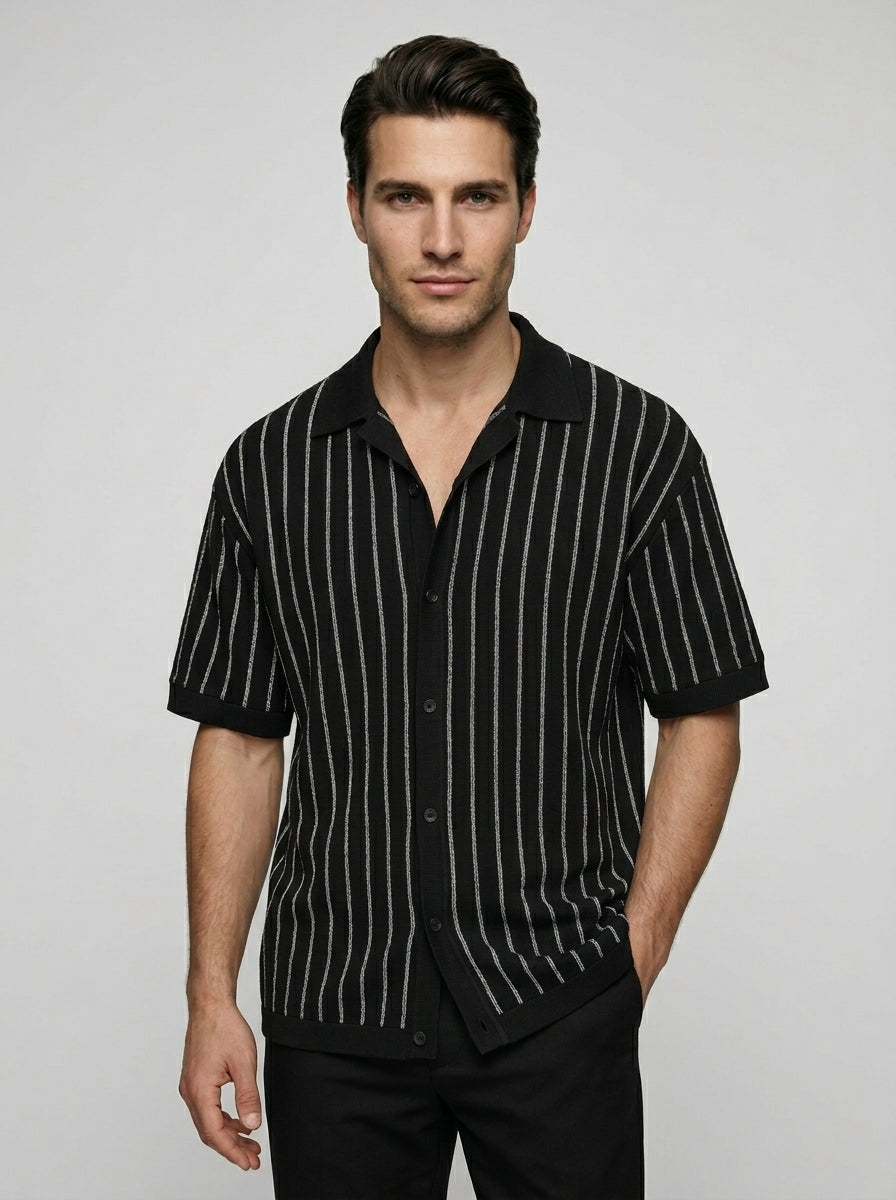 Men's Pointelle Stripe Knit Shirt and Tapered Trouser Two Piece Set