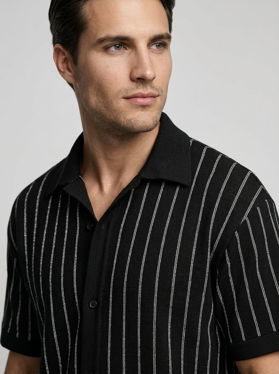 Men's Pointelle Stripe Knit Shirt and Tapered Trouser Two Piece Set