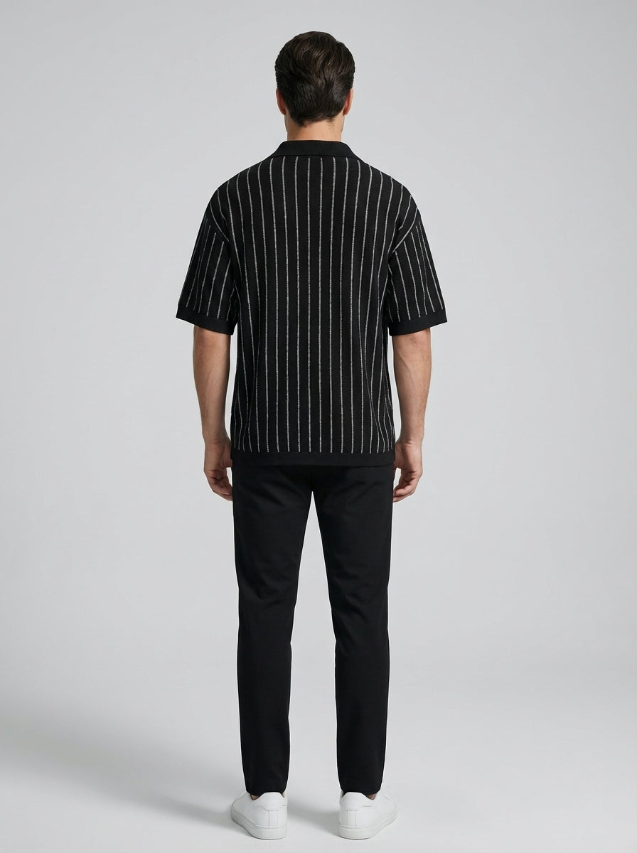 Men's Pointelle Stripe Knit Shirt and Tapered Trouser Two Piece Set