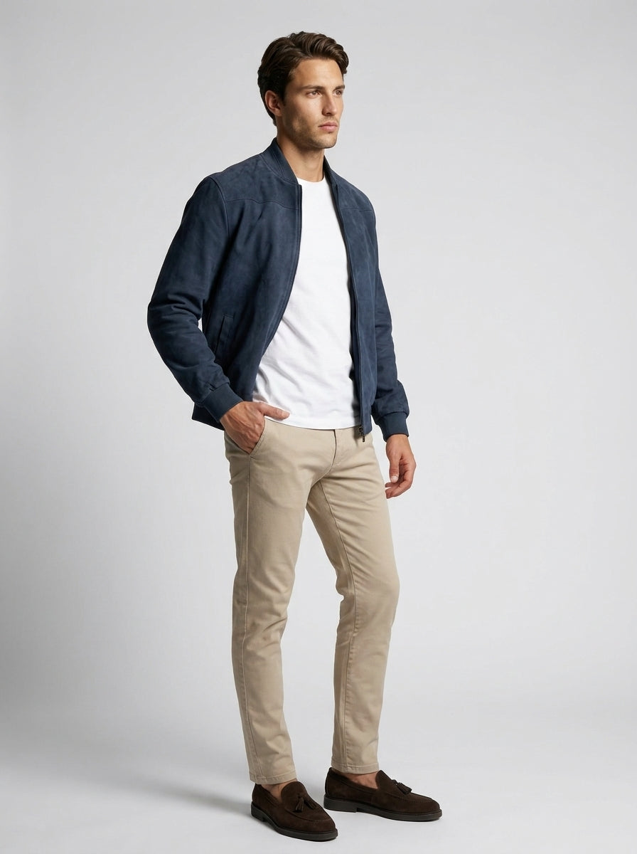 Men's Ribbed Collar Zip Bomber Jacket