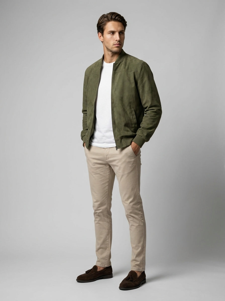 Men's Ribbed Collar Zip Bomber Jacket