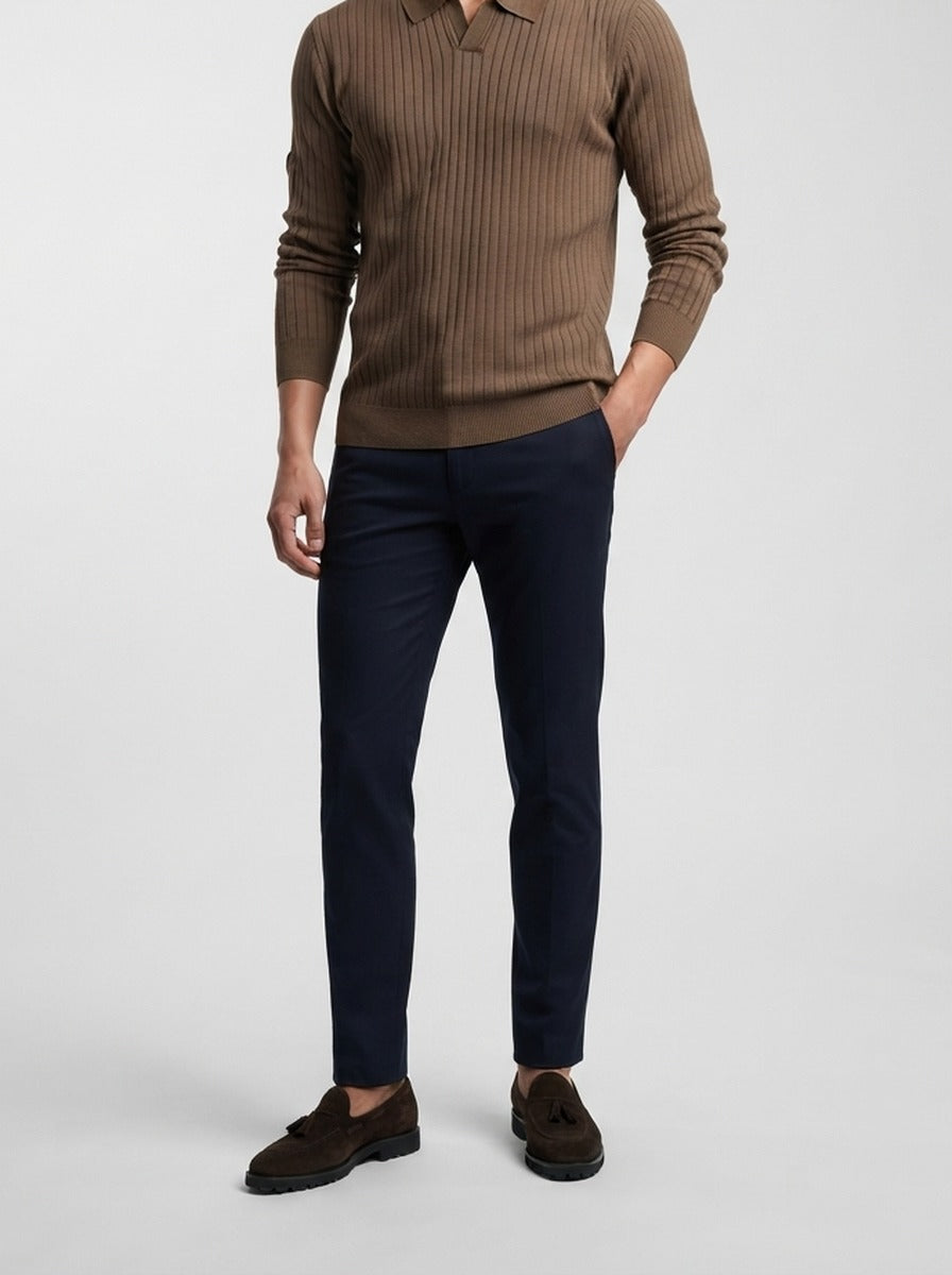 Men's Ribbed Knit Long Sleeve Polo Shirt