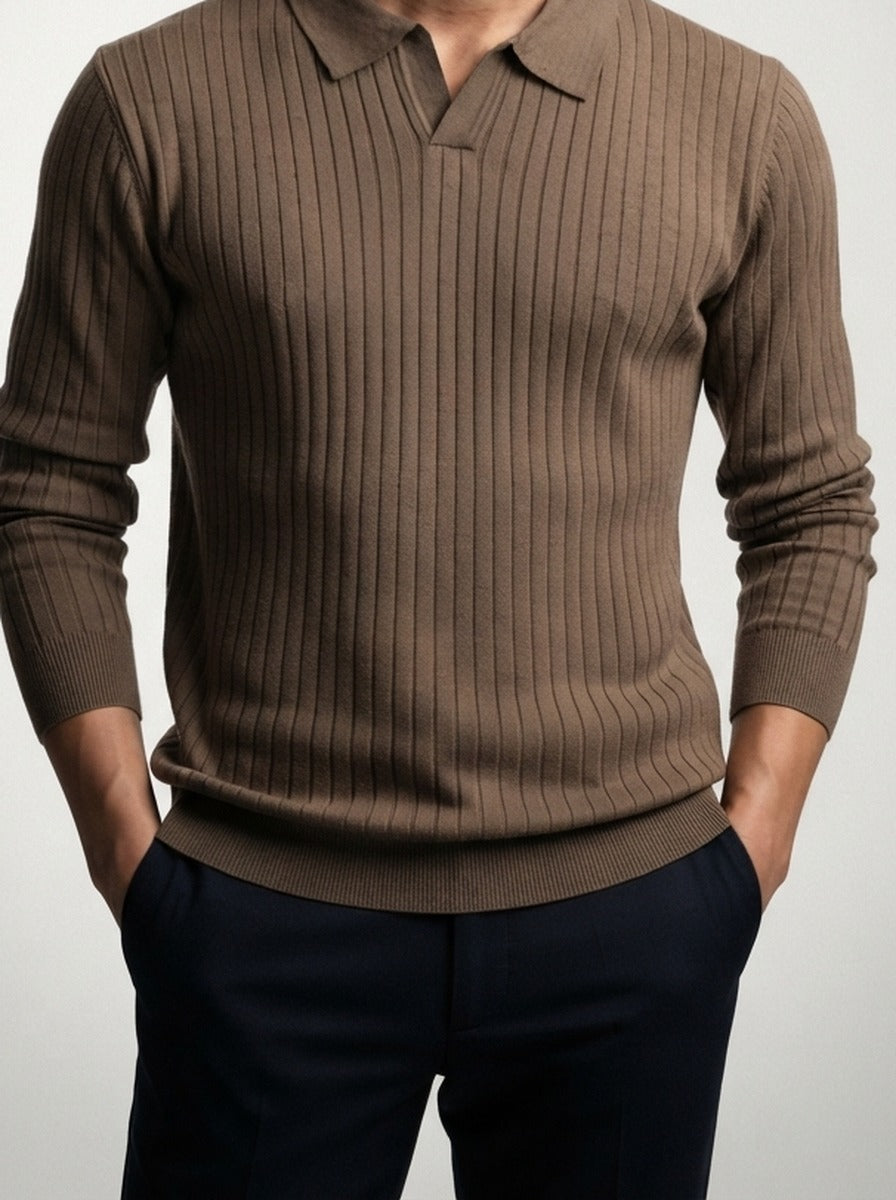 Men's Ribbed Knit Long Sleeve Polo Shirt