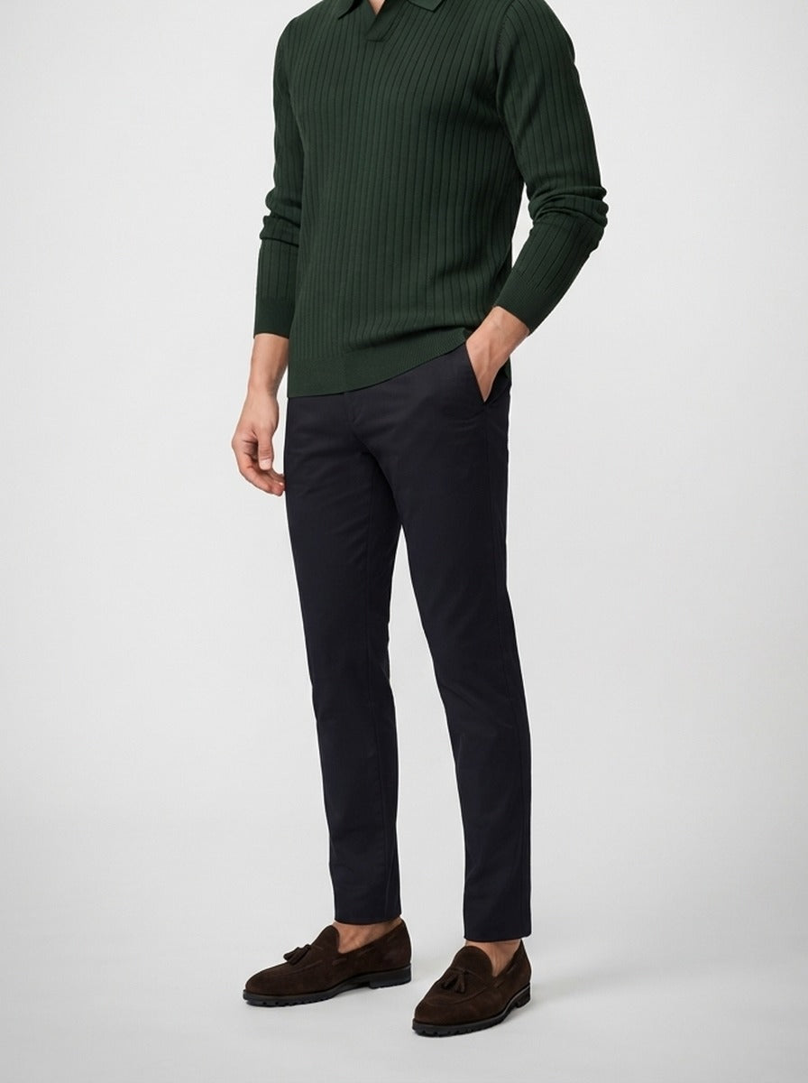 Men's Ribbed Knit Long Sleeve Polo Shirt