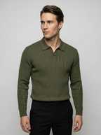 Men's Ribbed Knit Slim Fit Long Sleeve Polo Shirt