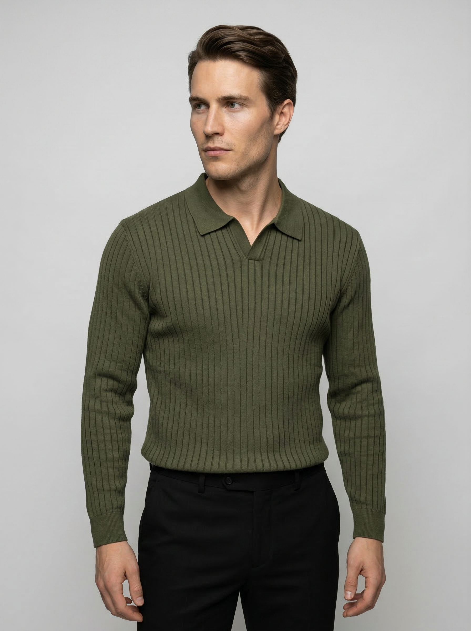 Men's Ribbed Knit Slim Fit Long Sleeve Polo Shirt