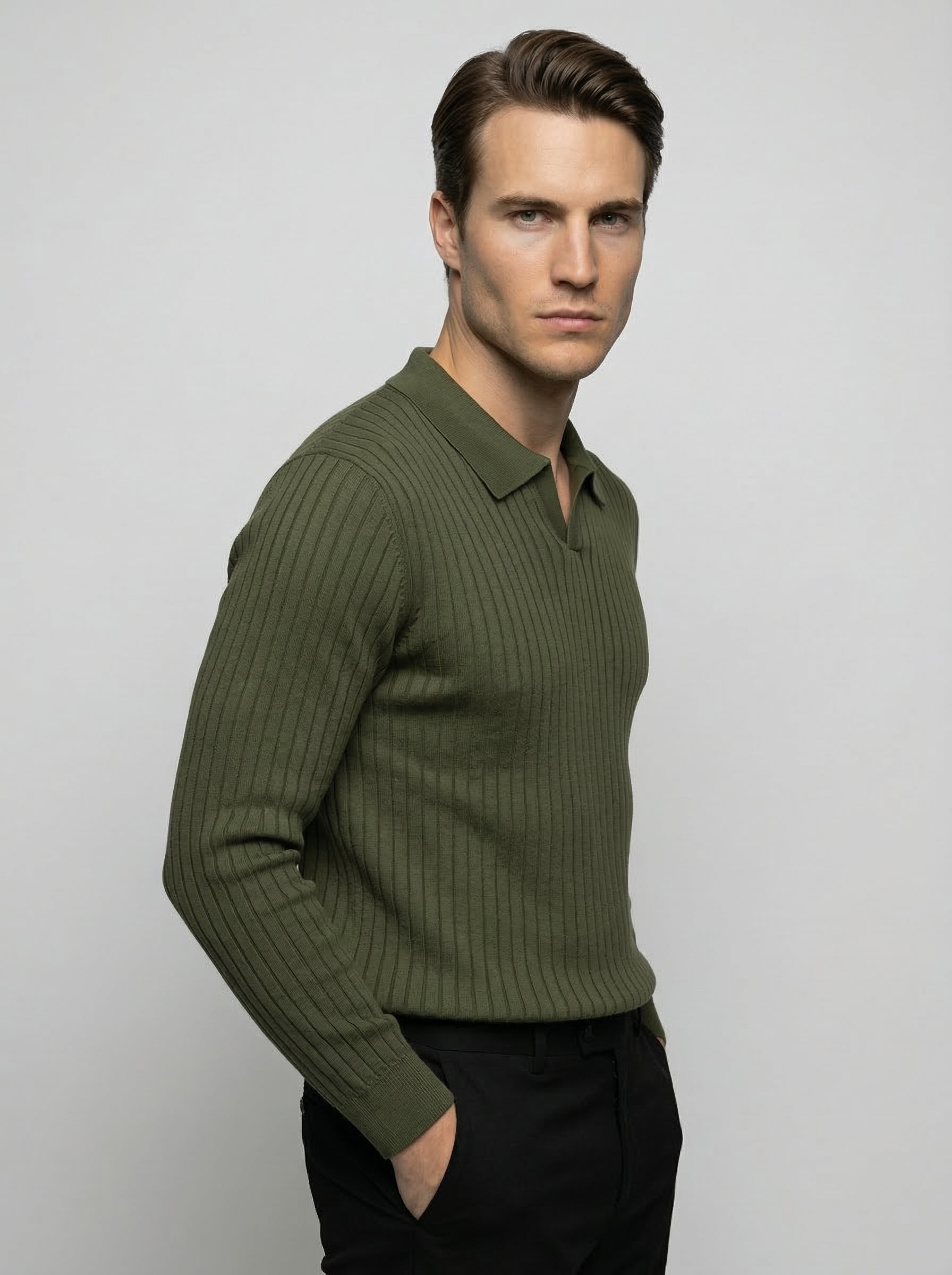 Men's Ribbed Knit Slim Fit Long Sleeve Polo Shirt