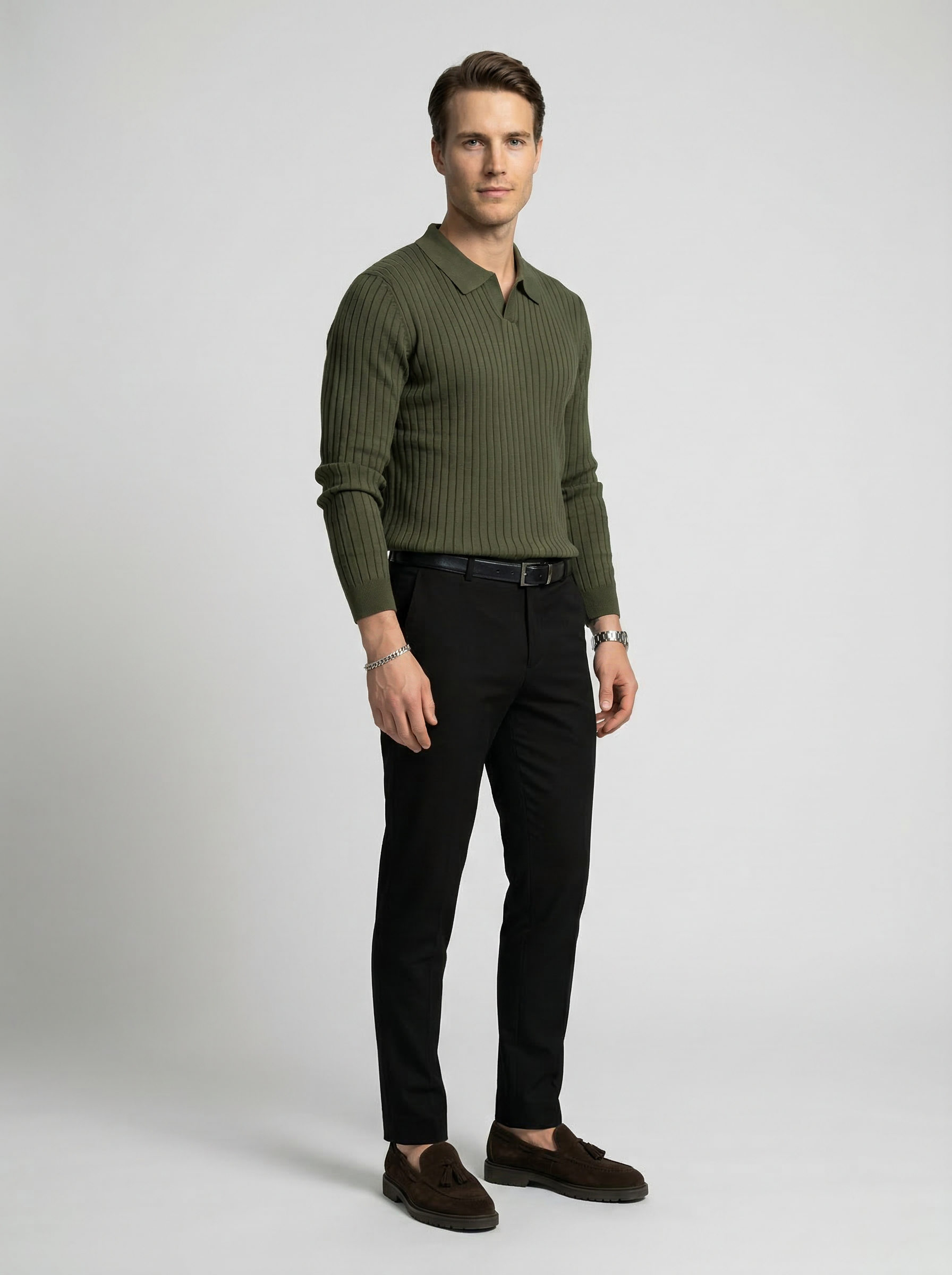 Men's Ribbed Knit Slim Fit Long Sleeve Polo Shirt