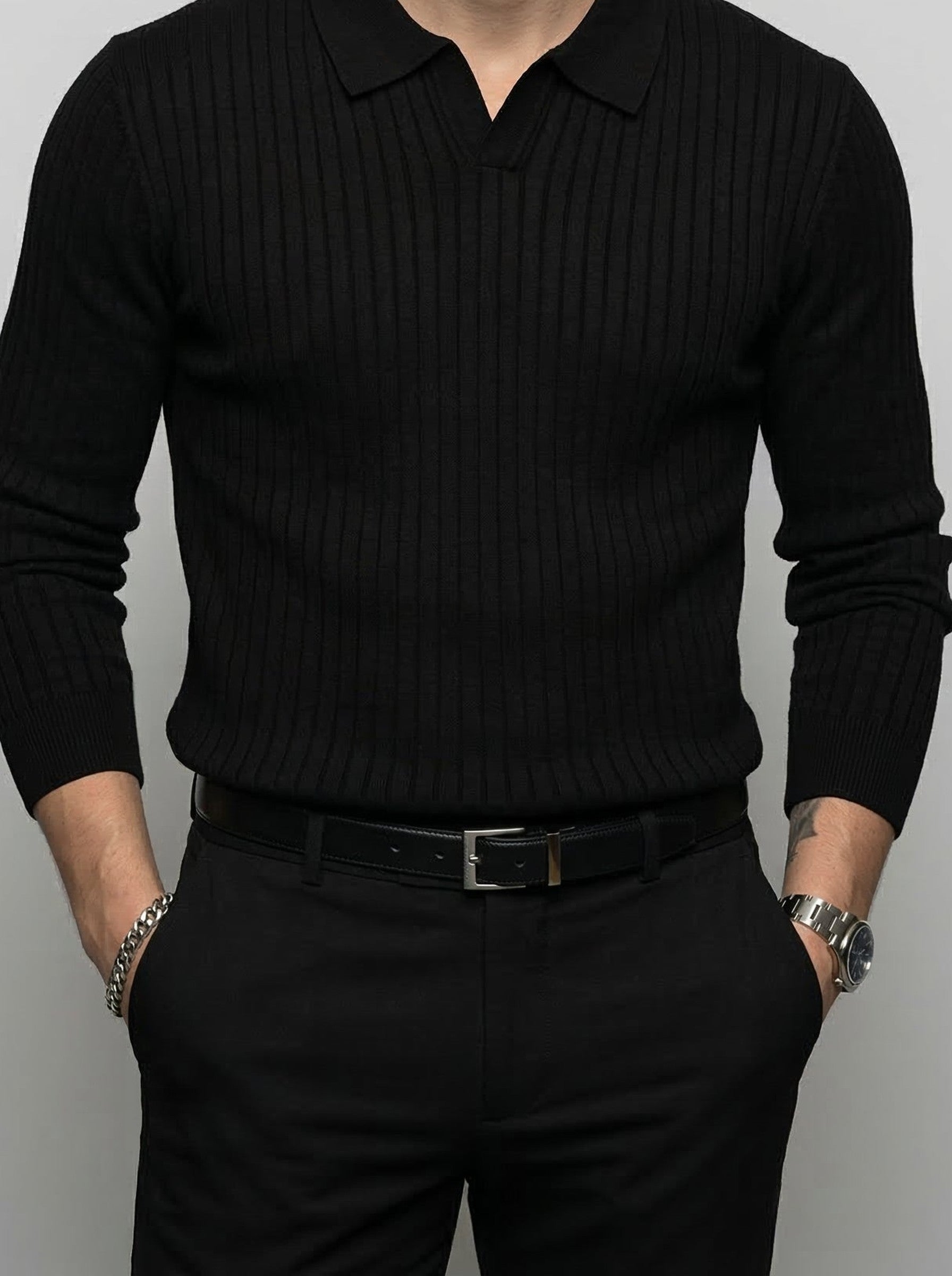 Men's Ribbed Knit Slim Fit Long Sleeve Polo Shirt