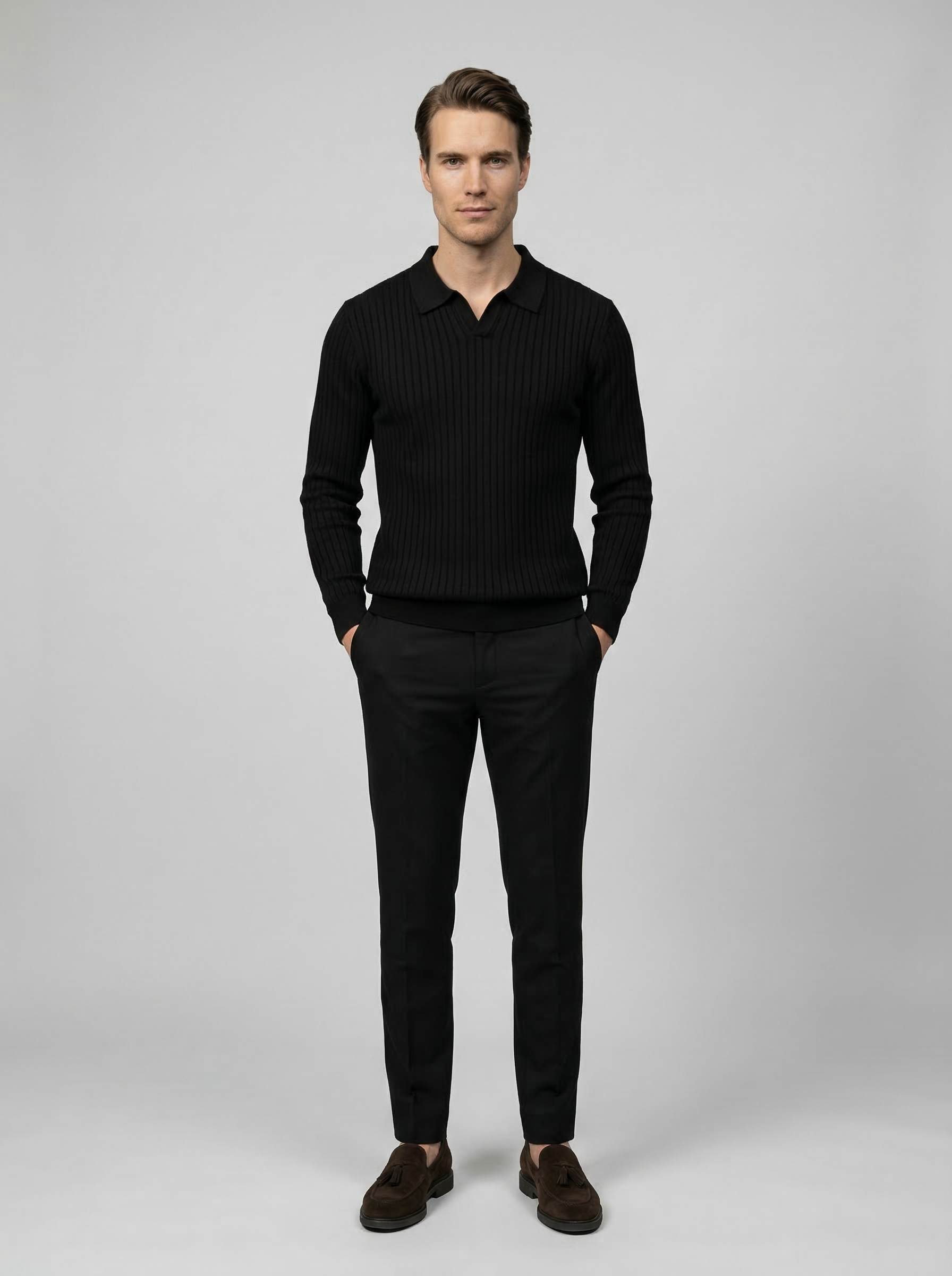 Men's Ribbed Knit Slim Fit Long Sleeve Polo Shirt