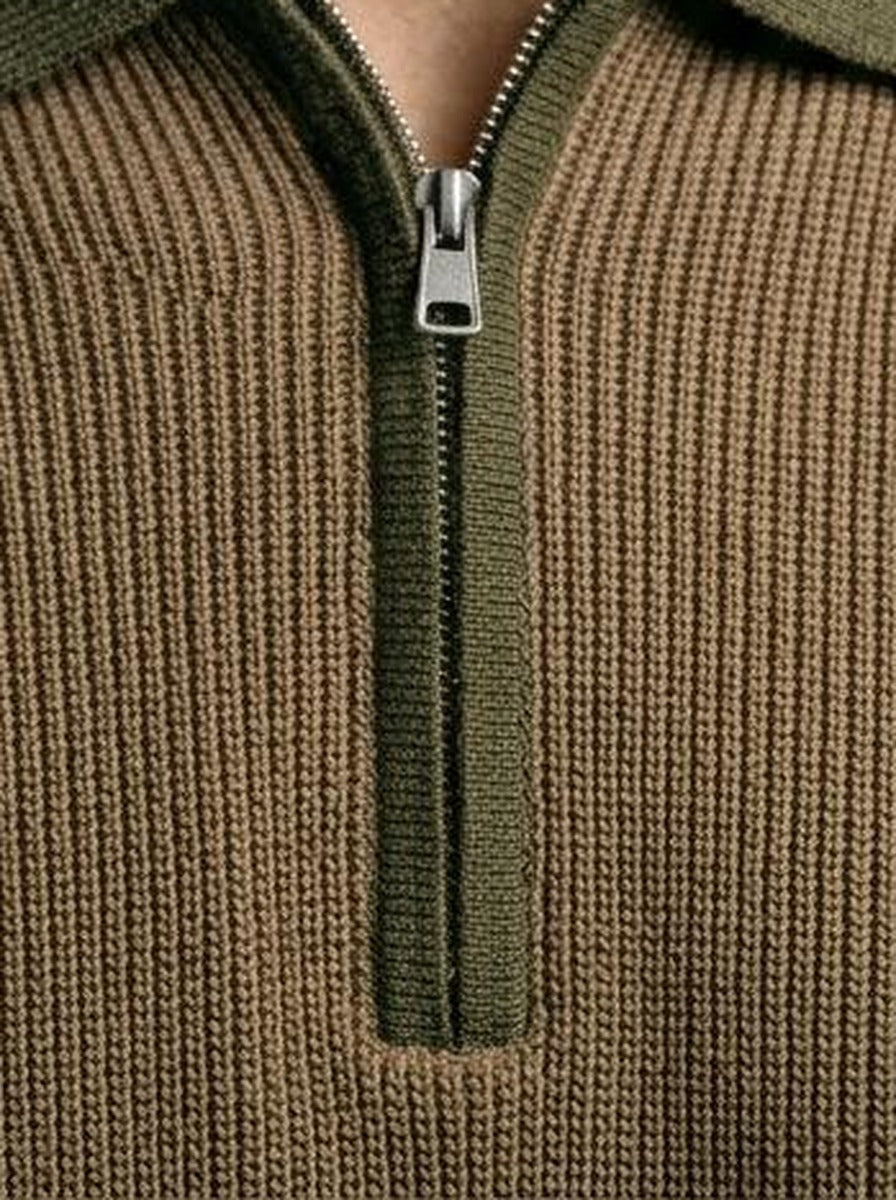 Men's Ribbed Sleeve Knit Quarter Zip Polo Shirt