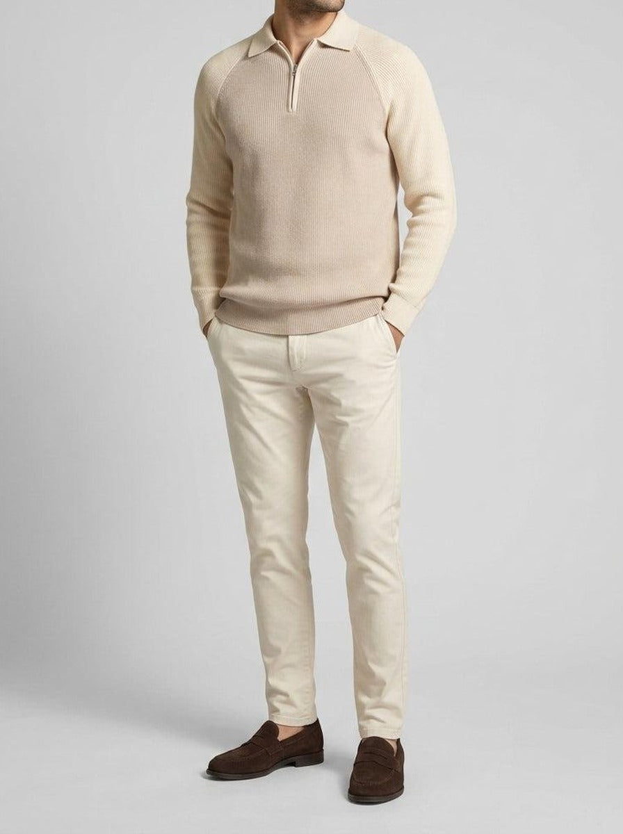 Men's Ribbed Sleeve Knit Quarter Zip Polo Shirt