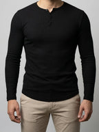Men's Ribbed Stretch Knit Long Sleeve Henley Shirt with Button Placket