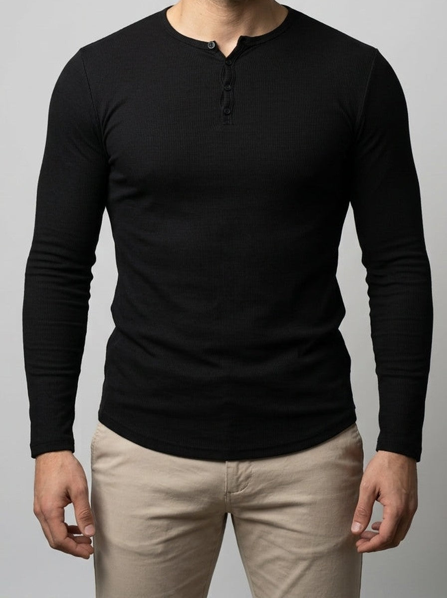 Men's Ribbed Stretch Knit Long Sleeve Henley Shirt with Button Placket