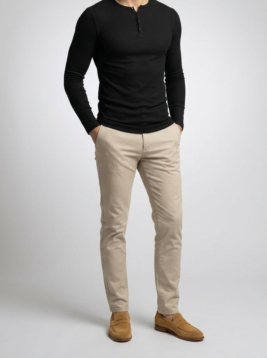 Men's Ribbed Stretch Knit Long Sleeve Henley Shirt with Button Placket