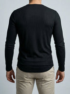 Men's Ribbed Stretch Knit Long Sleeve Henley Shirt with Button Placket