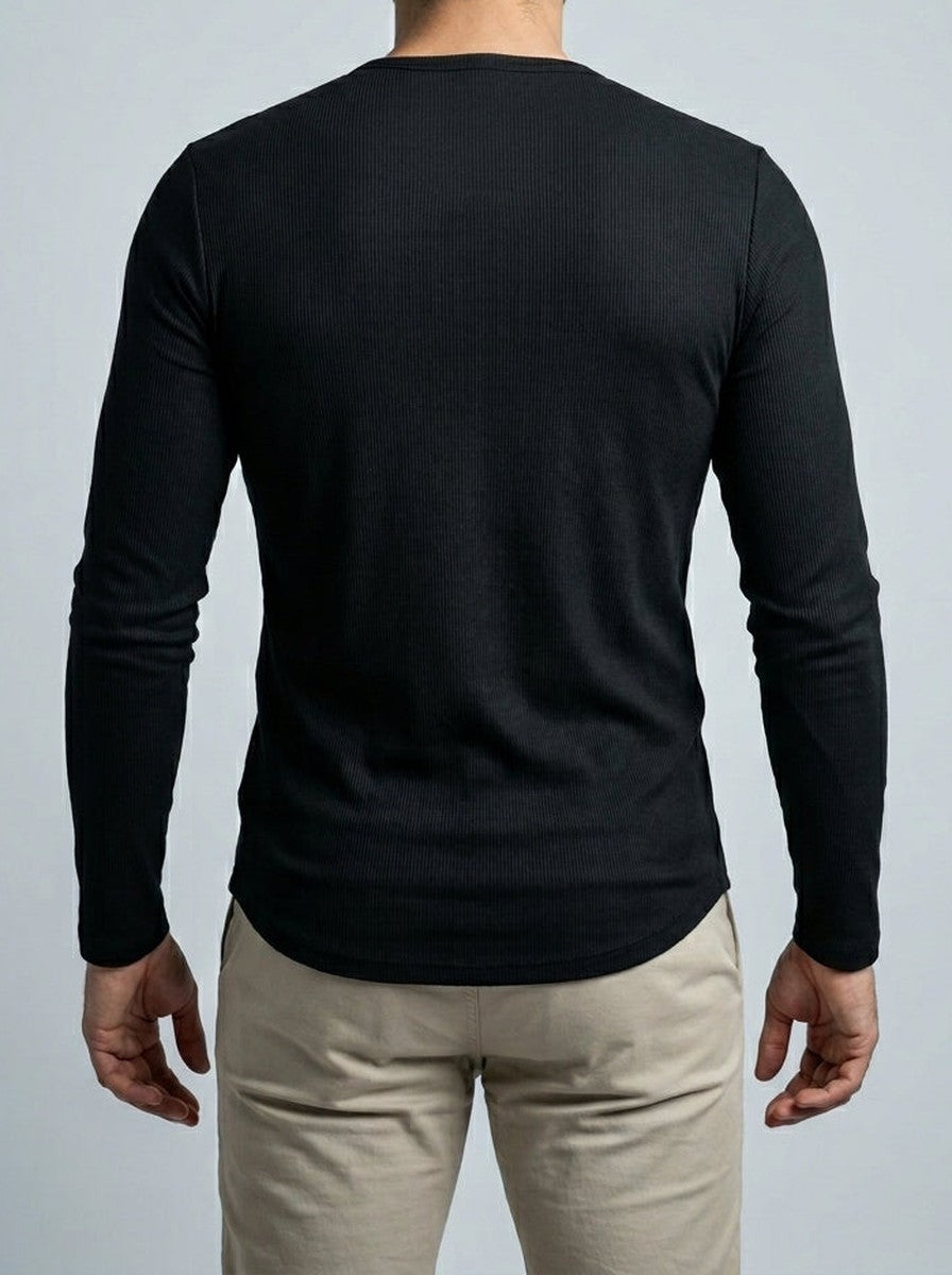 Men's Ribbed Stretch Knit Long Sleeve Henley Shirt with Button Placket