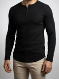Men's Ribbed Stretch Knit Long Sleeve Henley Shirt with Button Placket