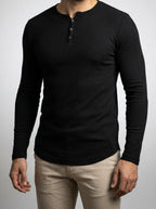 Men's Ribbed Stretch Knit Long Sleeve Henley Shirt with Button Placket