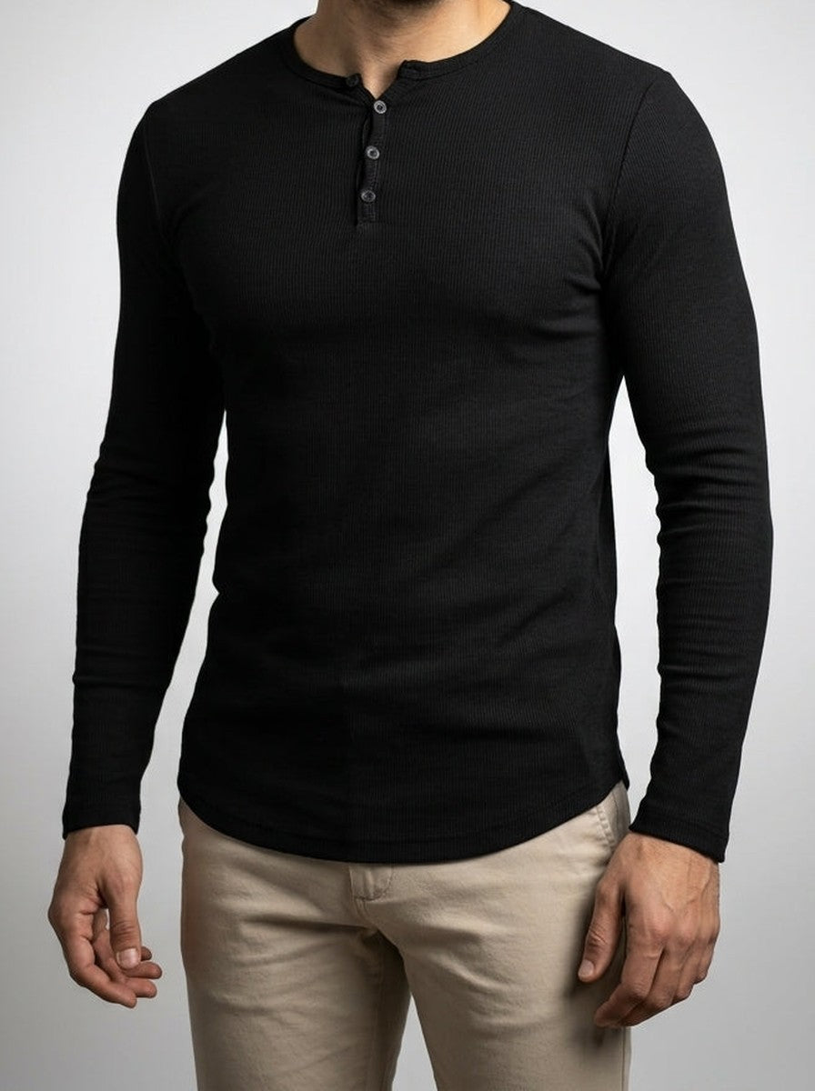 Men's Ribbed Stretch Knit Long Sleeve Henley Shirt with Button Placket