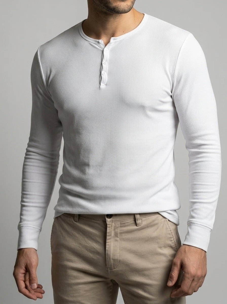 Men's Ribbed Stretch Knit Long Sleeve Henley Shirt with Button Placket