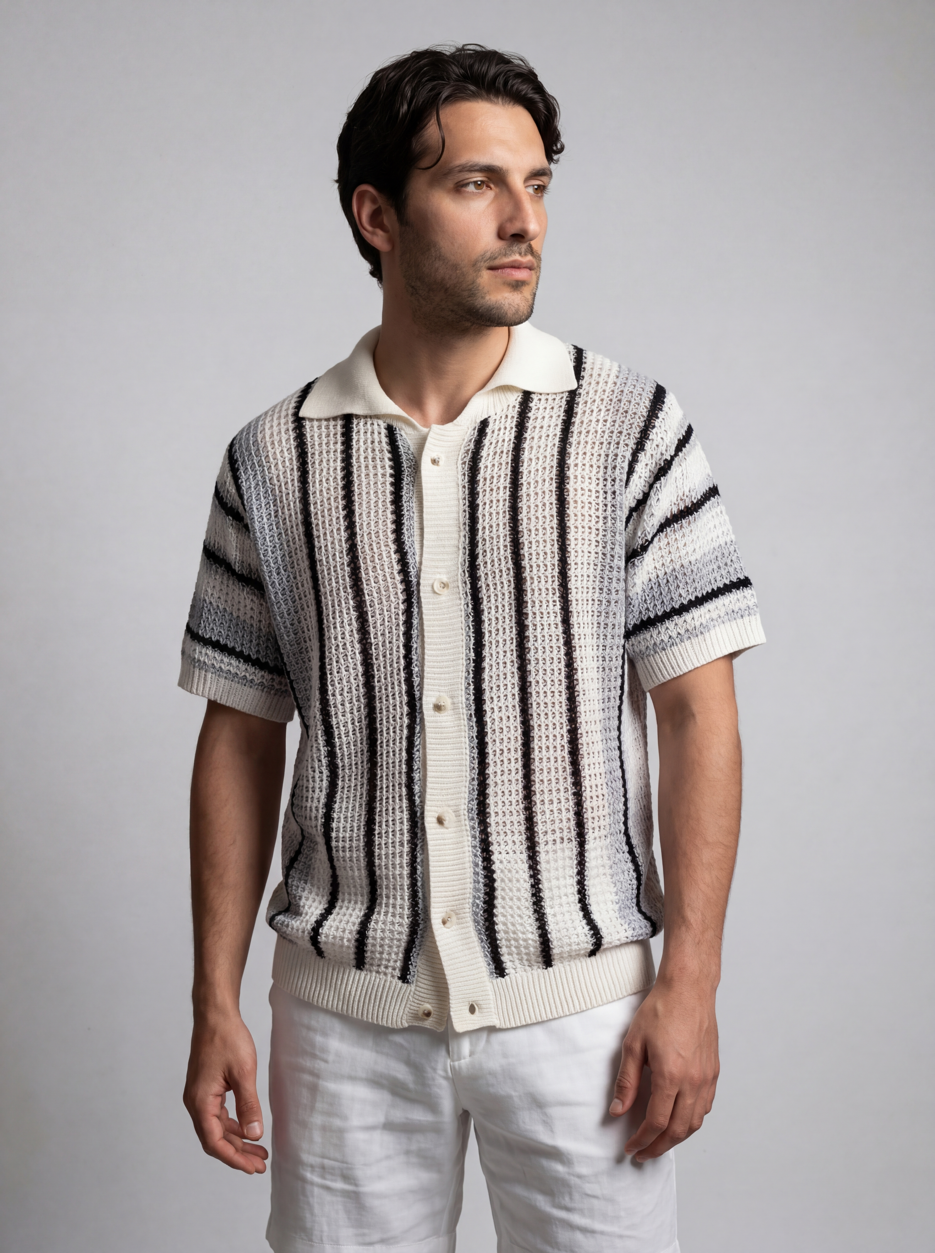 Men's Short Sleeve Open Crochet Knit Camp Collar Shirt