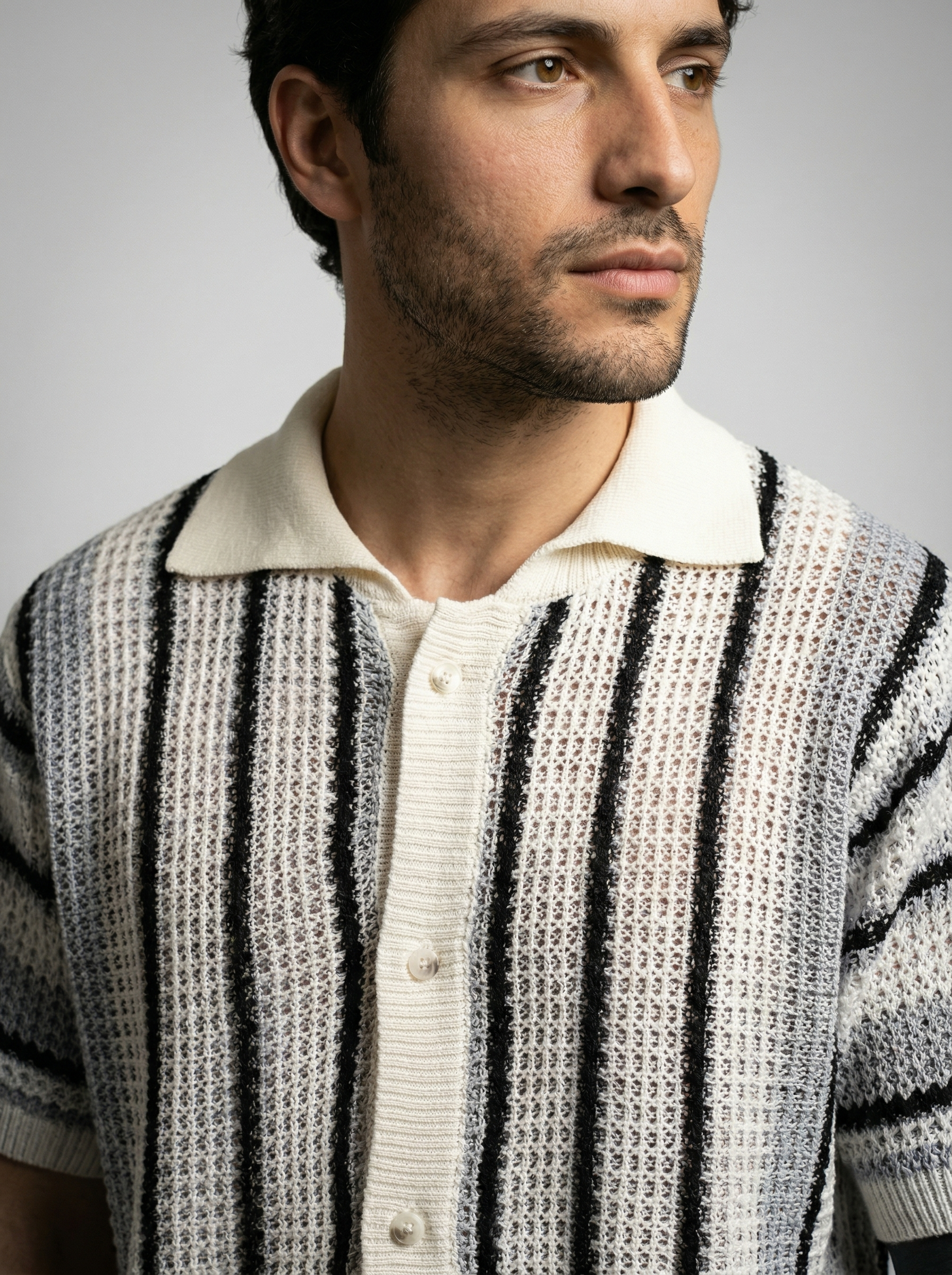 Men's Short Sleeve Open Crochet Knit Camp Collar Shirt