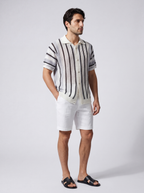 Men's Short Sleeve Open Crochet Knit Camp Collar Shirt