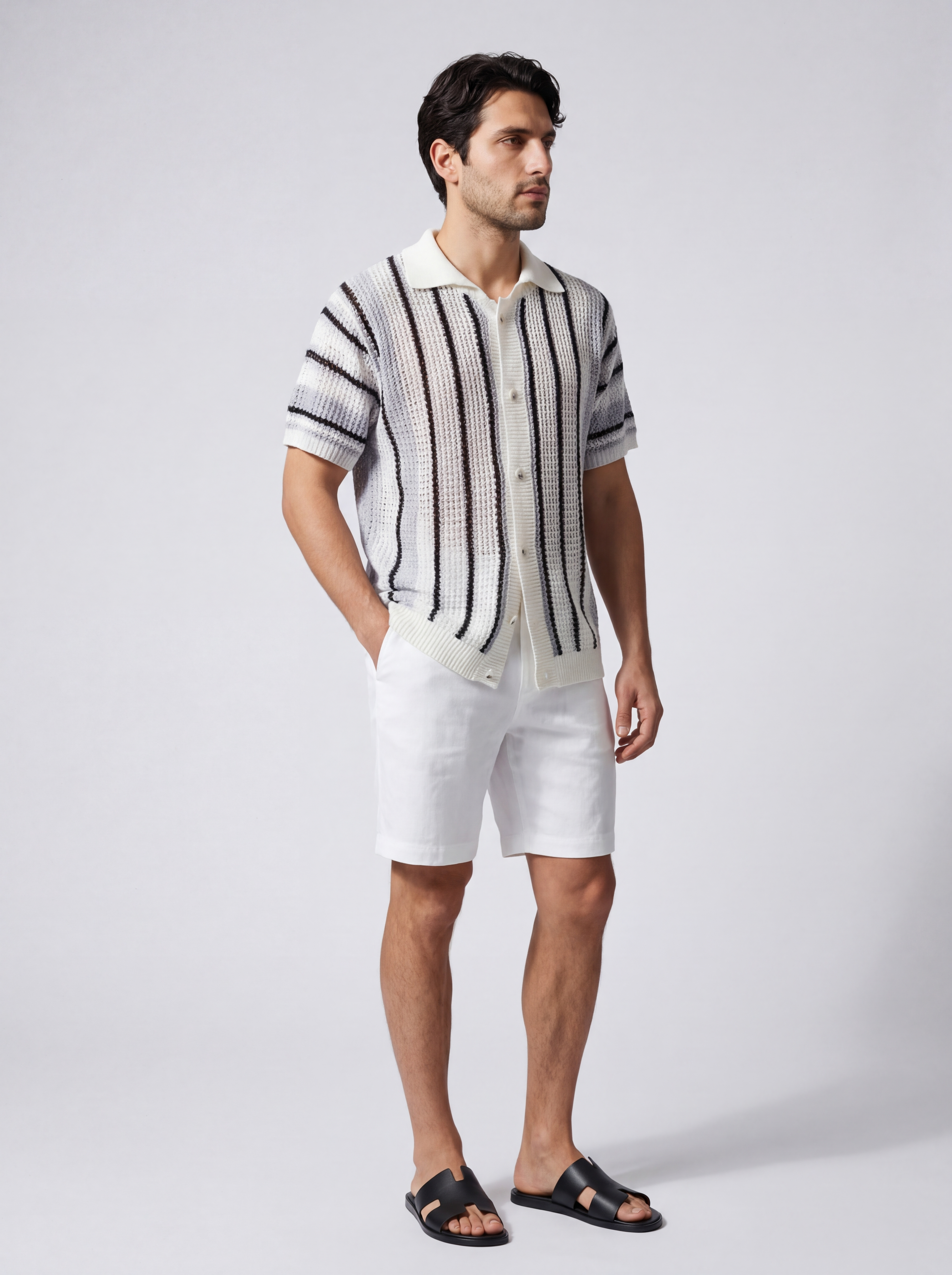 Men's Short Sleeve Open Crochet Knit Camp Collar Shirt