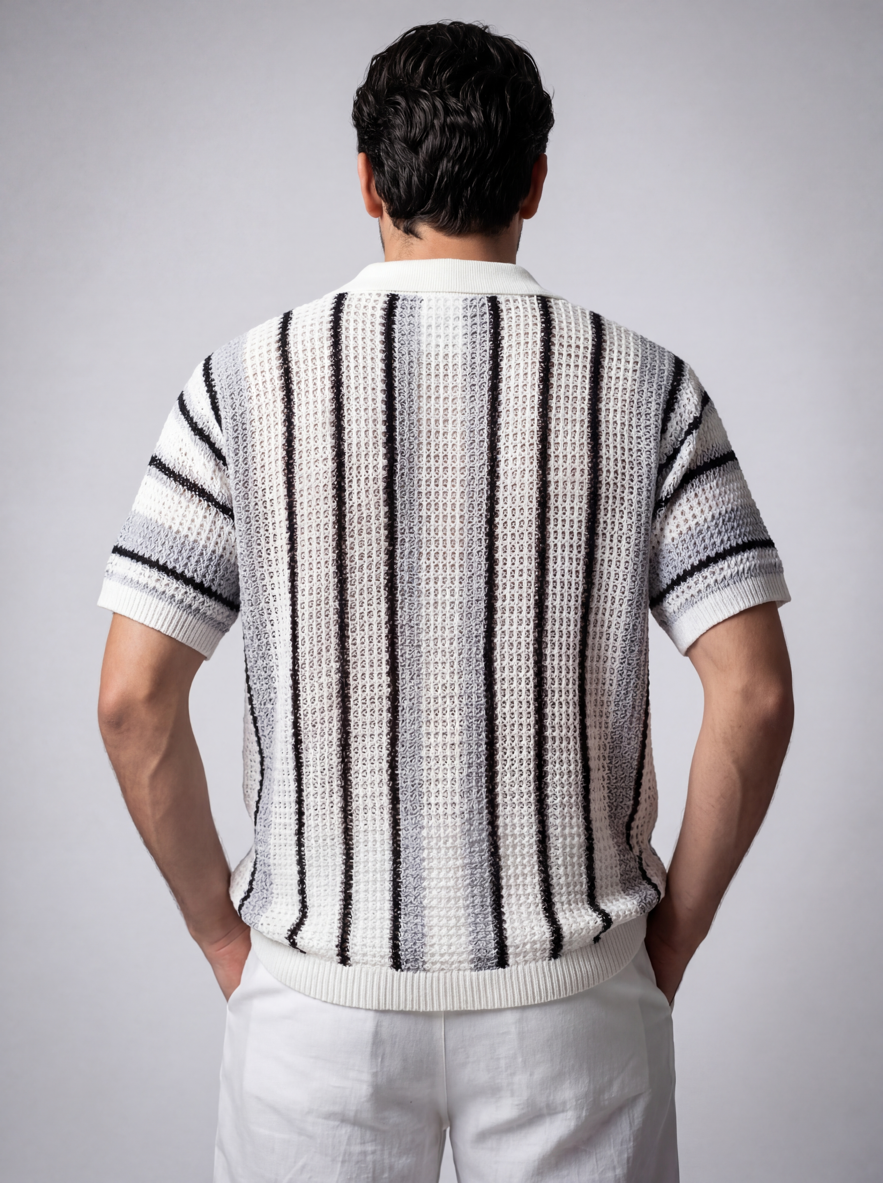 Men's Short Sleeve Open Crochet Knit Camp Collar Shirt