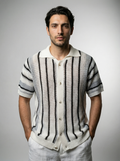 Men's Short Sleeve Open Crochet Knit Camp Collar Shirt