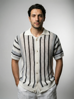 Men's Short Sleeve Open Crochet Knit Camp Collar Shirt