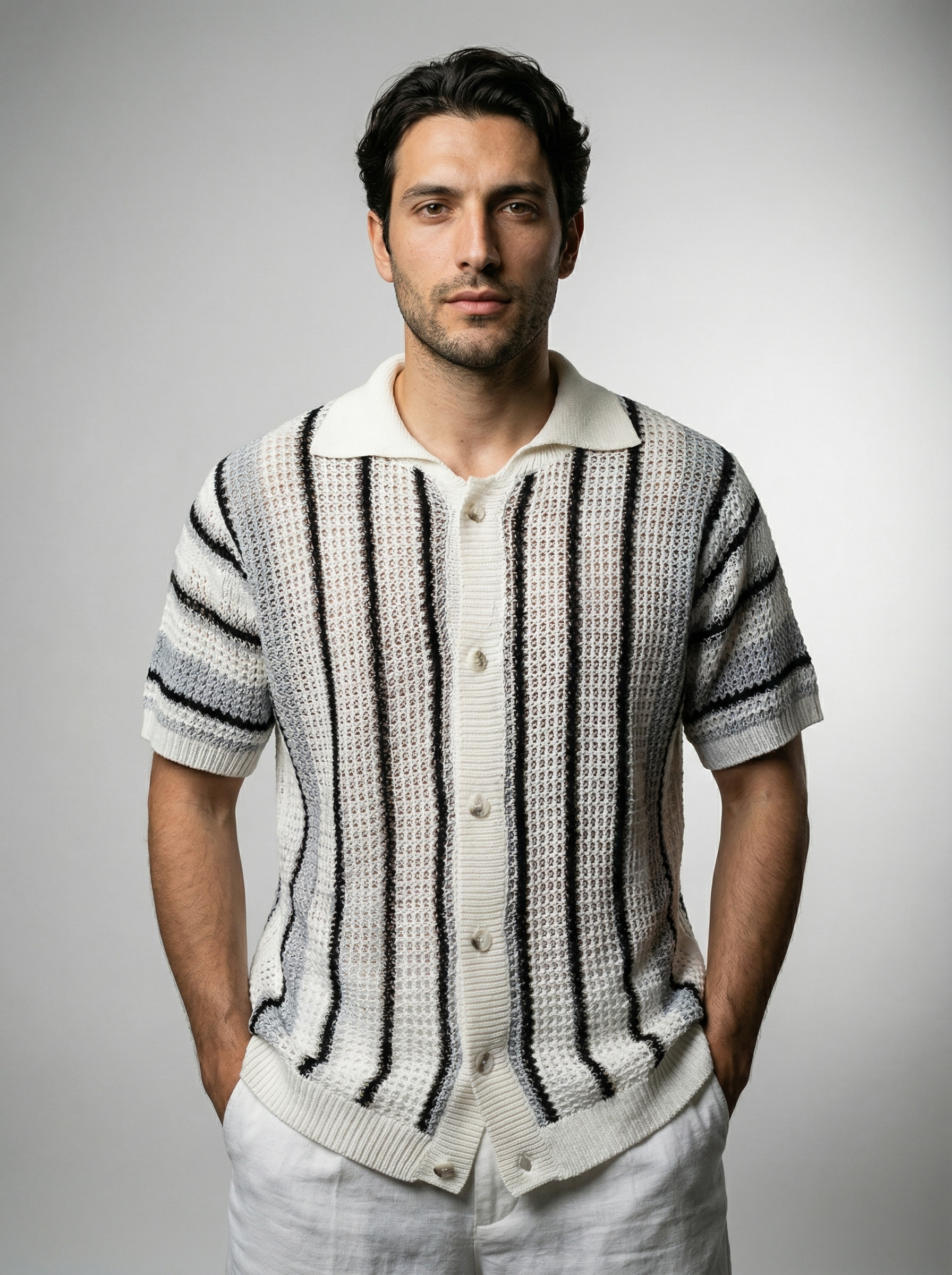 Men's Short Sleeve Open Crochet Knit Camp Collar Shirt