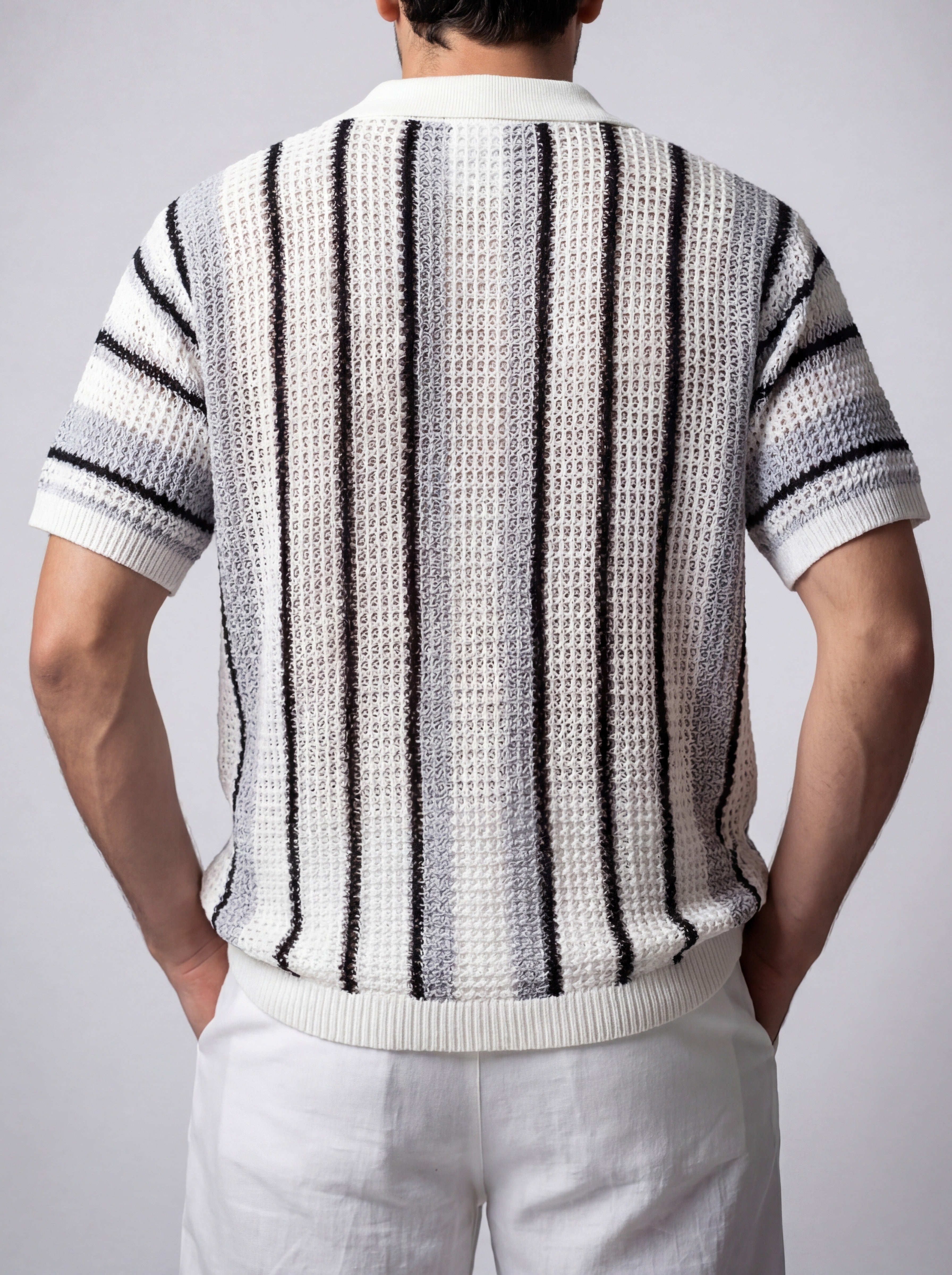 Men's Short Sleeve Open Crochet Knit Camp Collar Summer Shirt