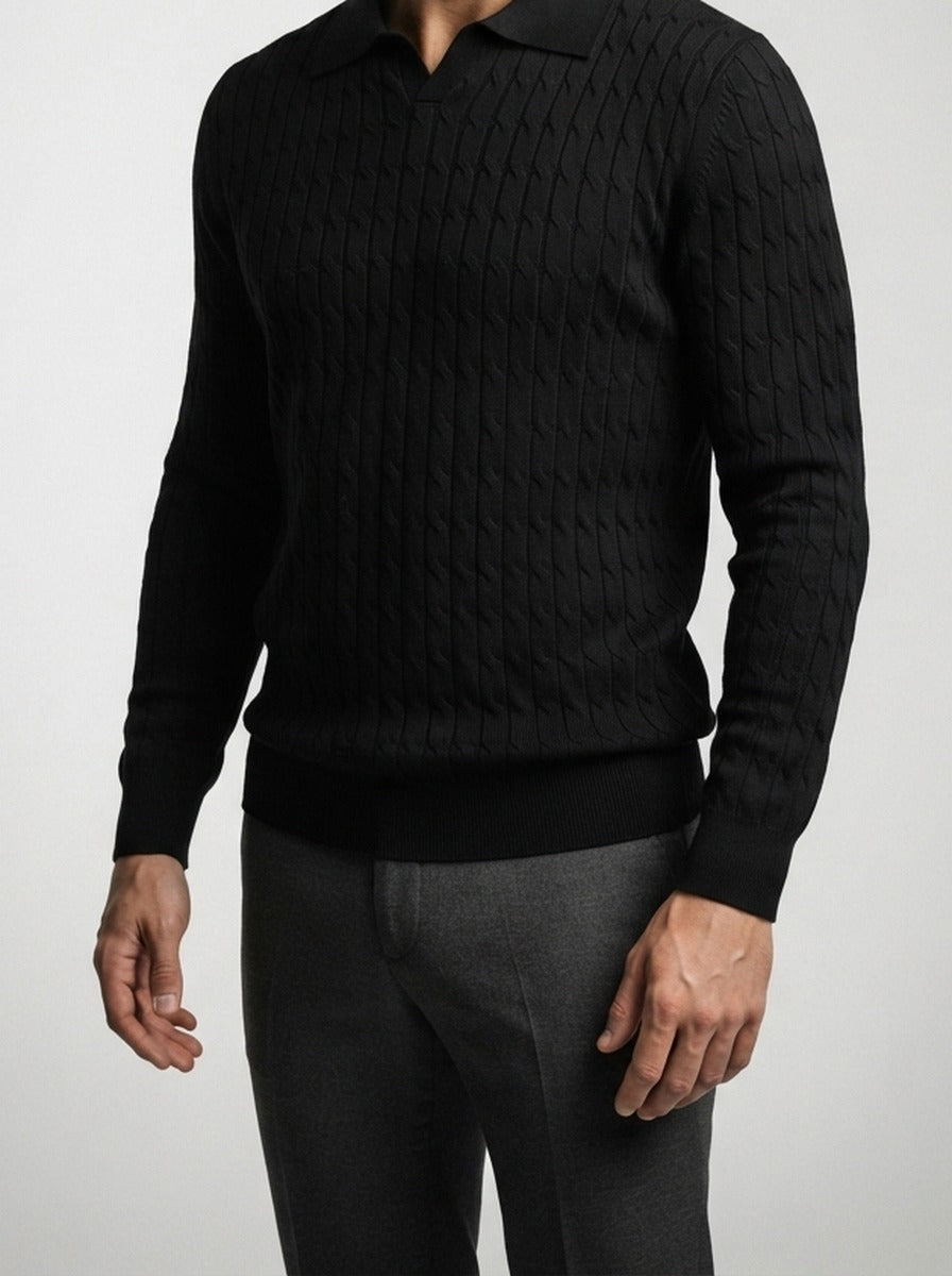 Men's Smart-Casual Cable Knit Long Sleeve Polo Shirt