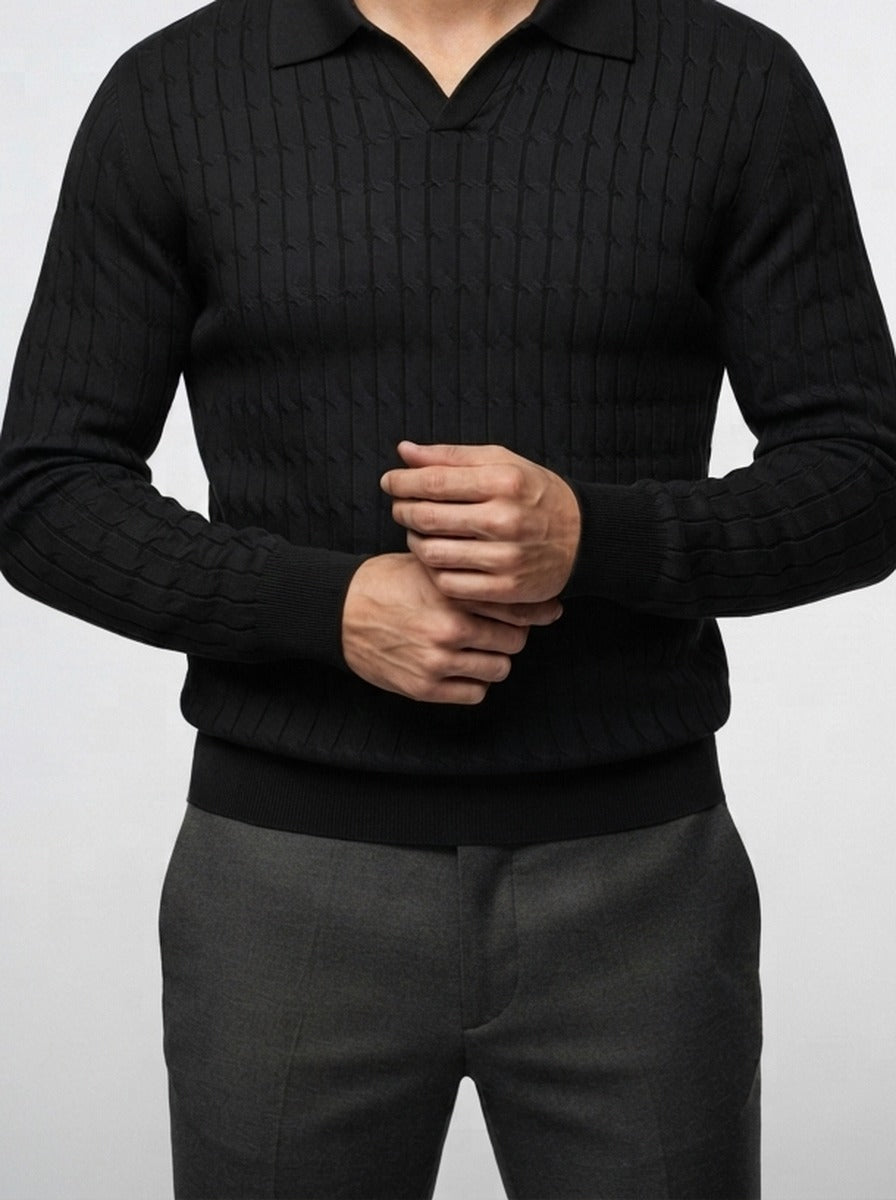 Men's Smart-Casual Cable Knit Long Sleeve Polo Shirt