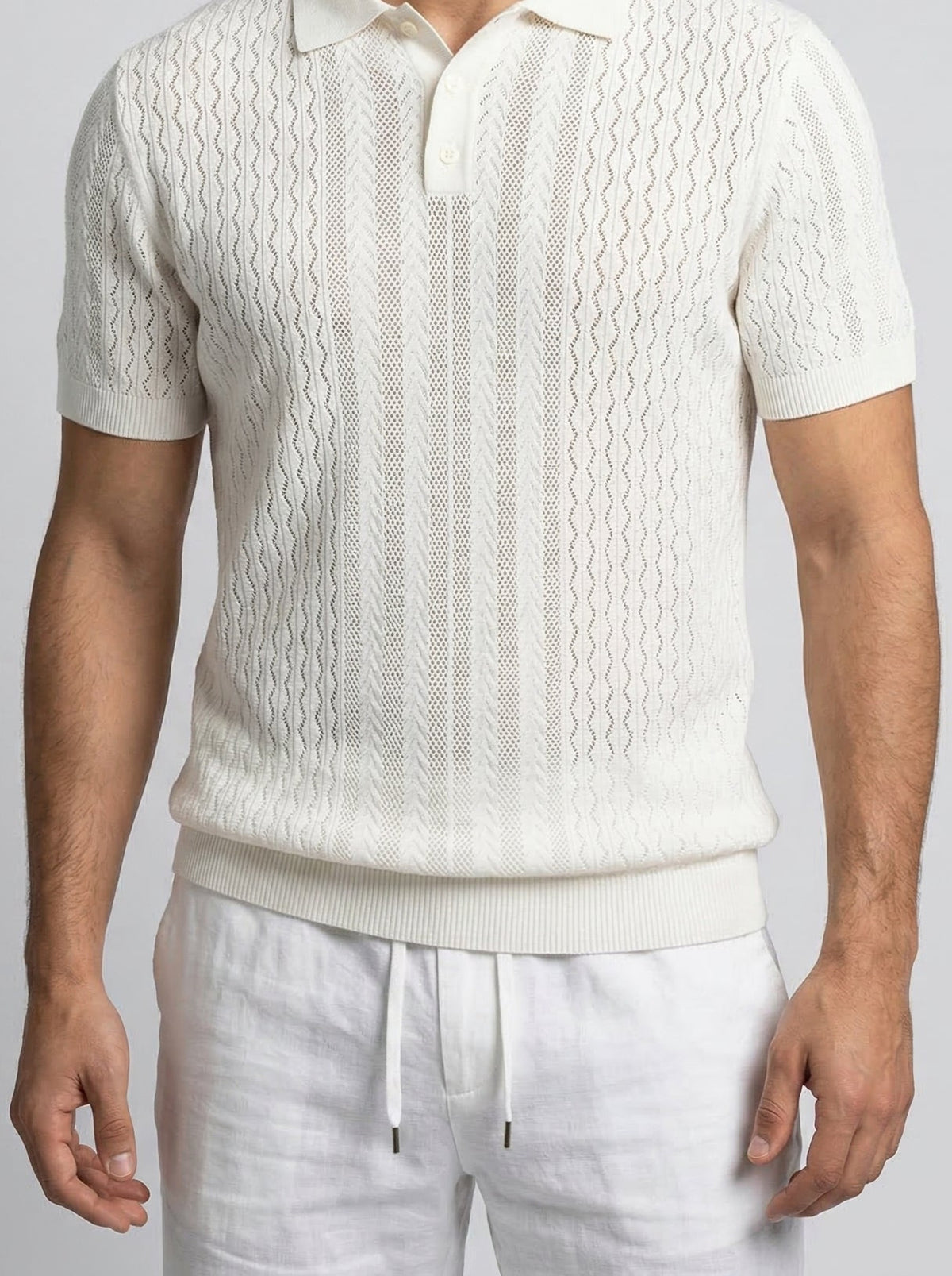 Men's Smart-Casual Chevron Open Knit Polo Shirt with Ribbed Collar