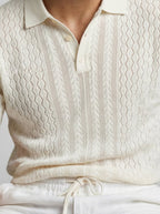 Men's Smart-Casual Chevron Open Knit Polo Shirt with Ribbed Collar