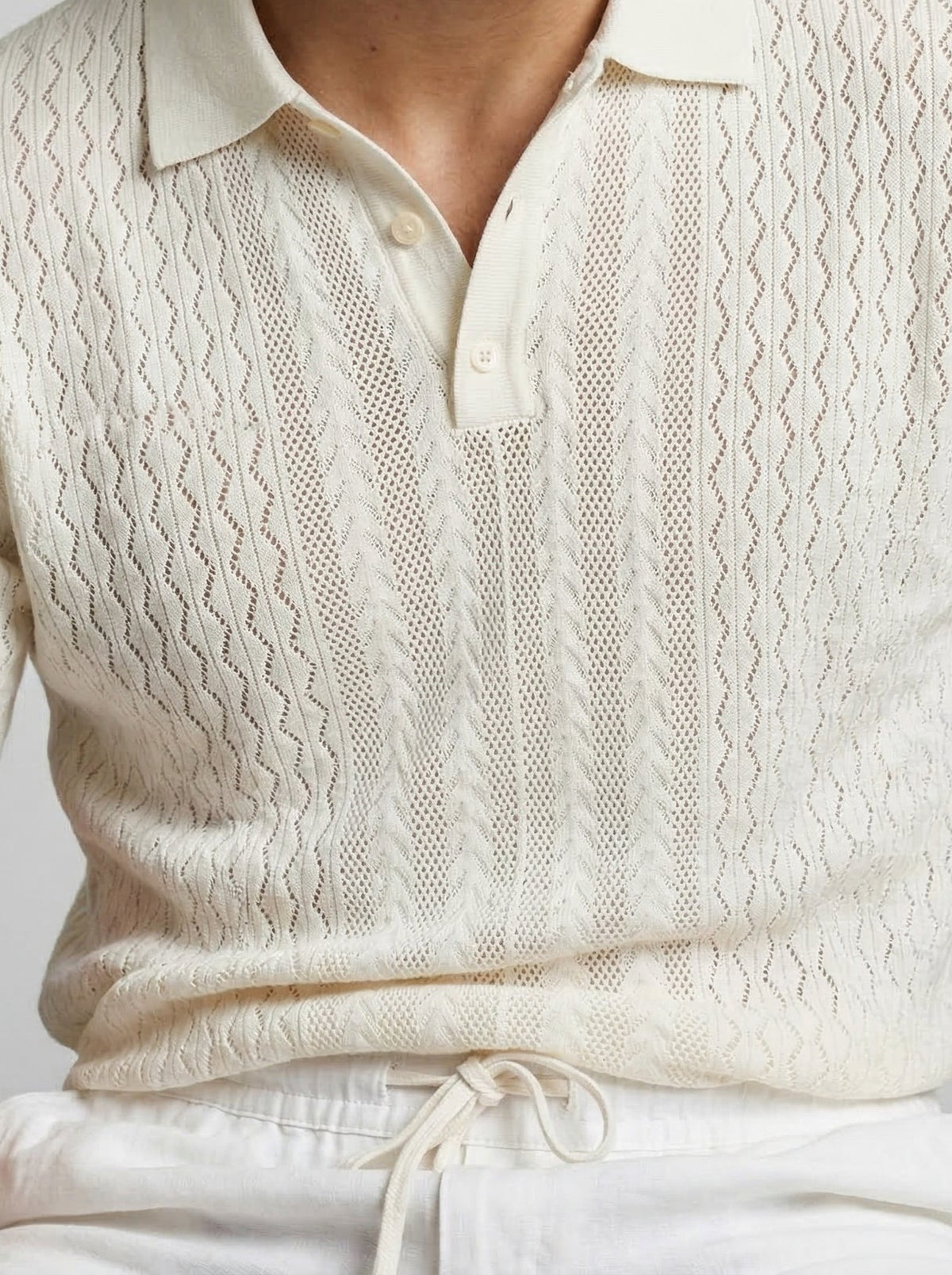 Men's Smart-Casual Chevron Open Knit Polo Shirt with Ribbed Collar