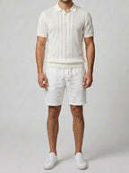 Men's Smart-Casual Chevron Open Knit Polo Shirt with Ribbed Collar