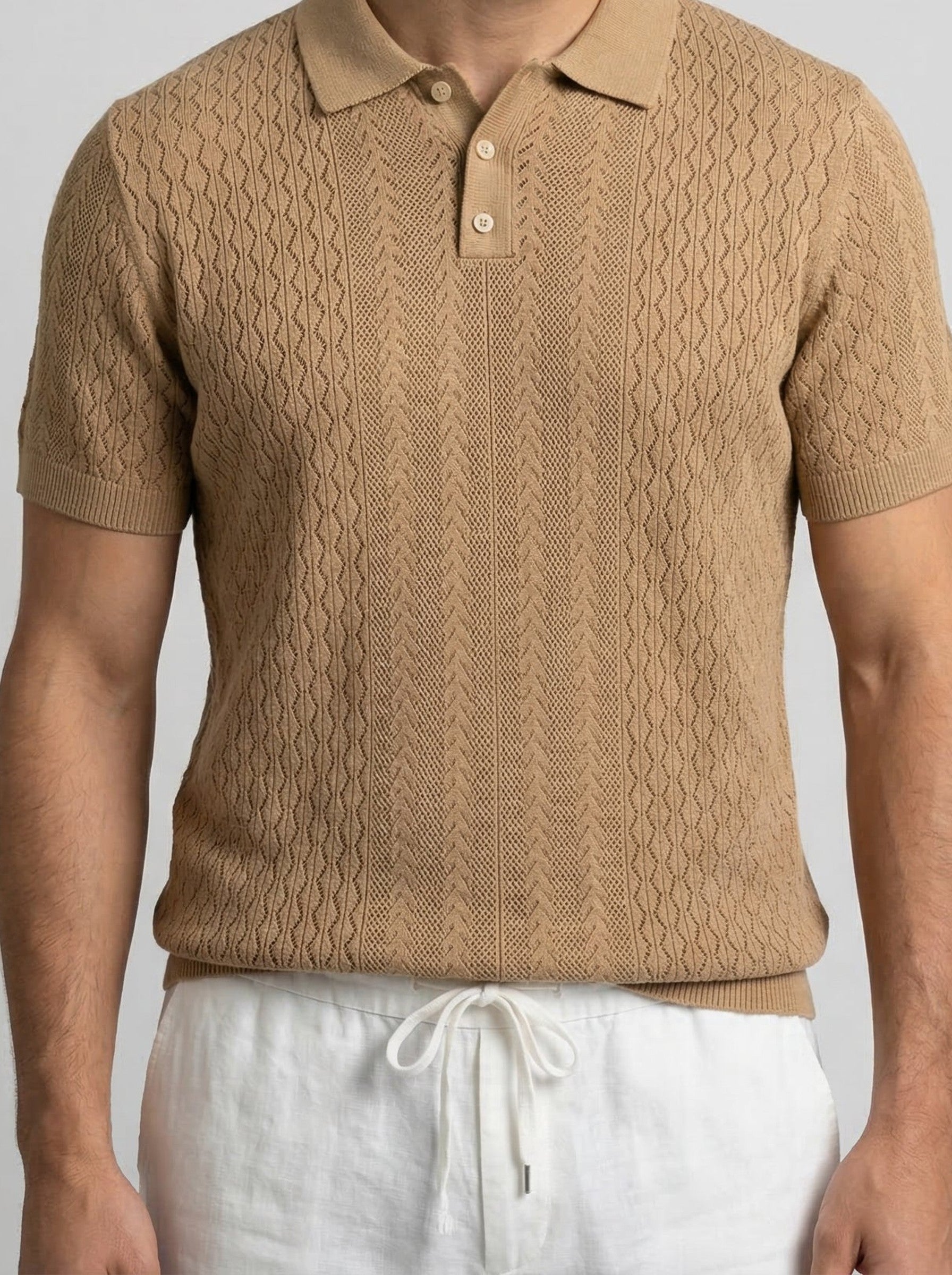 Men's Smart-Casual Chevron Open Knit Polo Shirt with Ribbed Collar