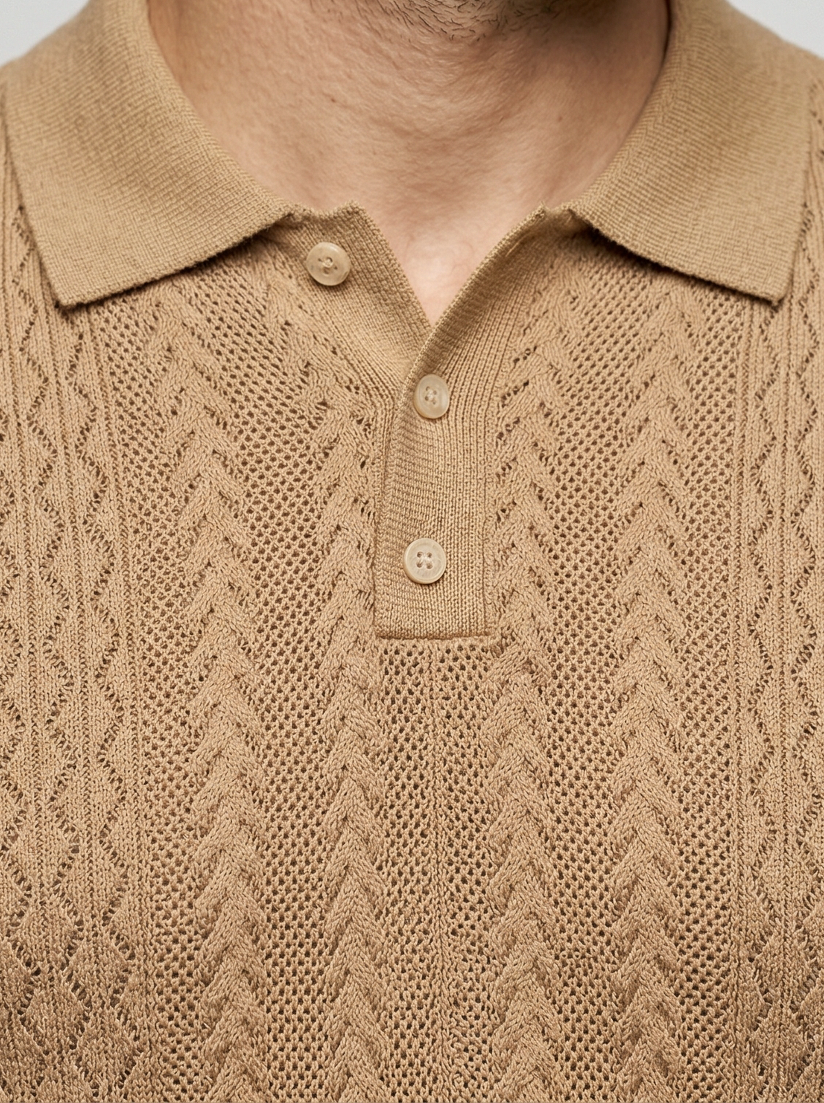 Men's Smart-Casual Chevron Open Knit Polo Shirt with Ribbed Collar