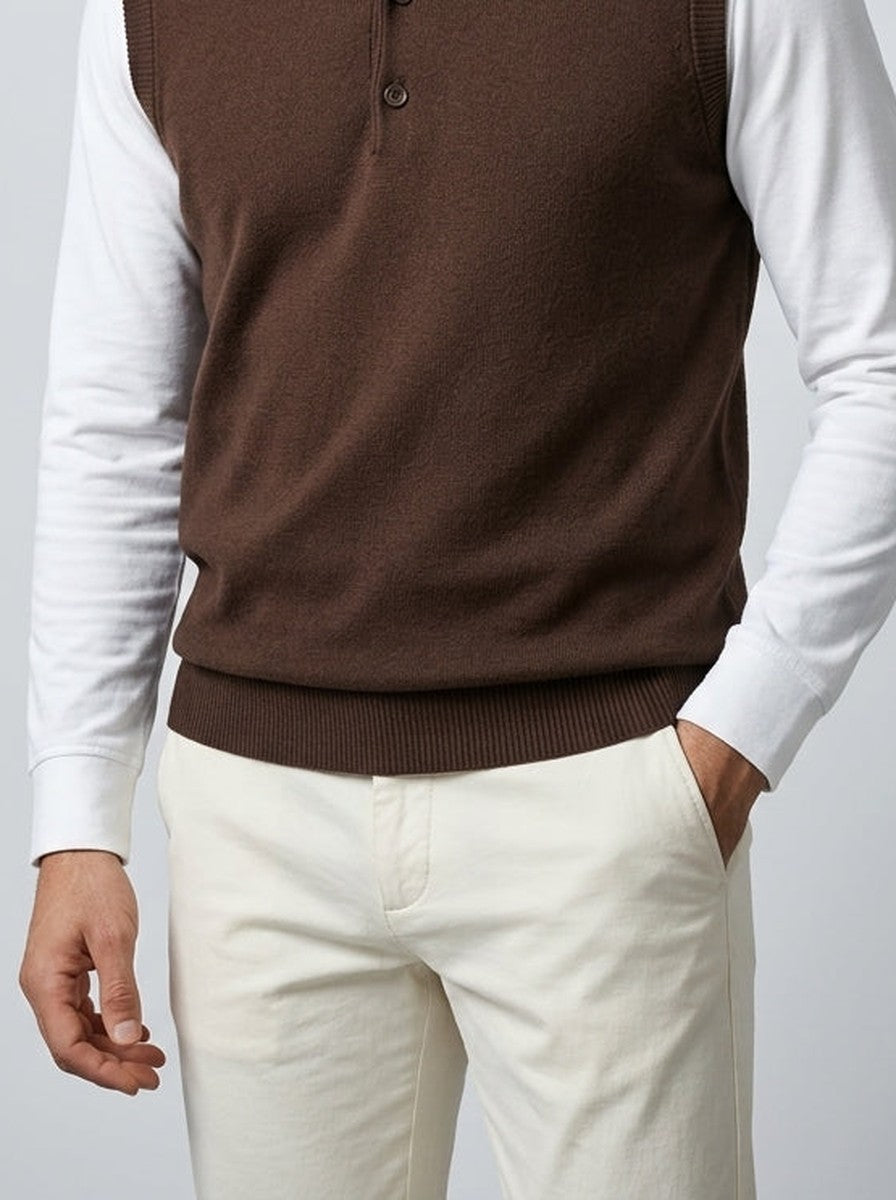 Men's Smart-Casual Knit Sleeveless Polo Shirt with Button Front