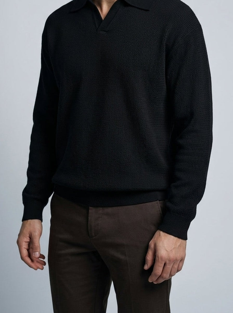 Men's Smart-Casual Oversized Waffle Knit Long Sleeve Polo Shirt
