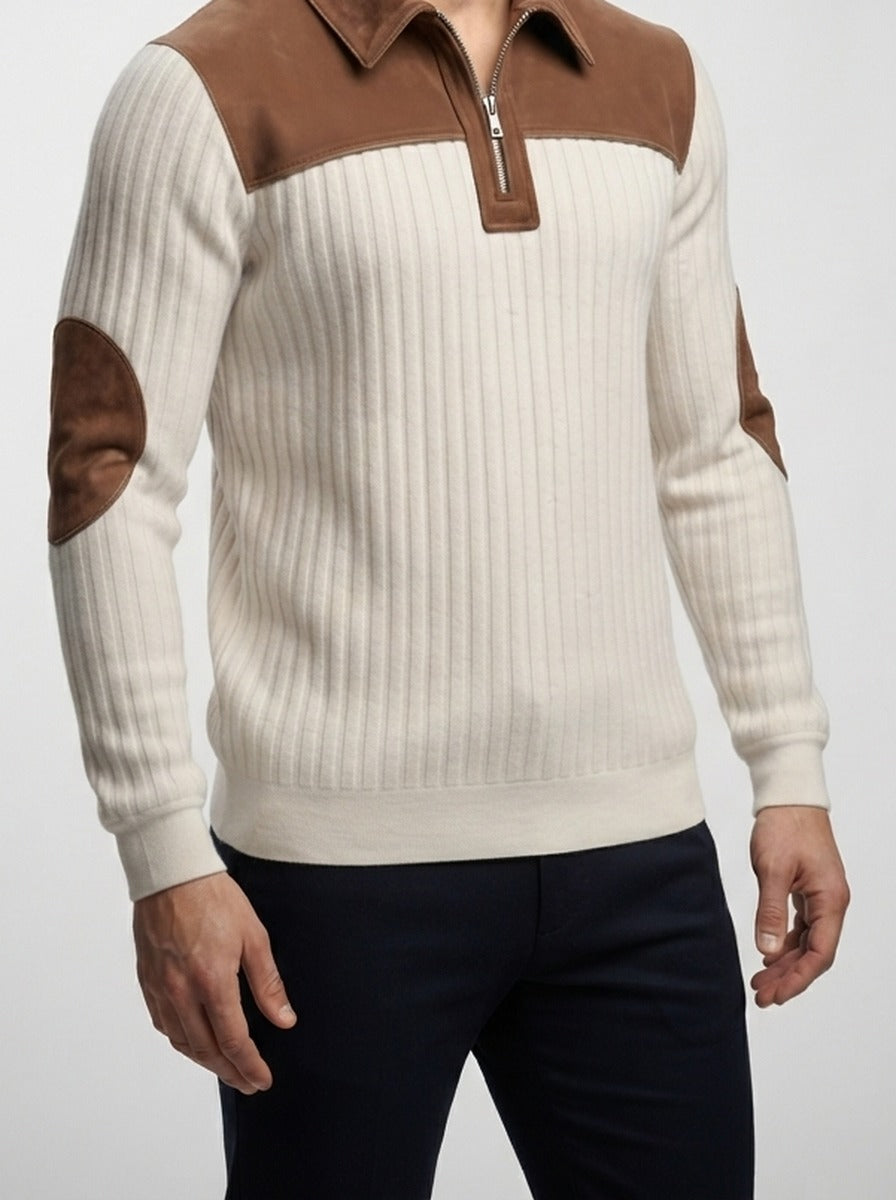 Men's Smart-Casual Ribbed Knit Quarter Zip Polo Shirt