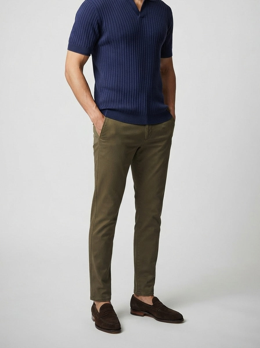 Men's Smart-Casual Ribbed Knit Short Sleeve Polo Shirt with Open Placket