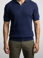 Men's Smart-Casual Ribbed Knit Short Sleeve Polo Shirt with Open Placket