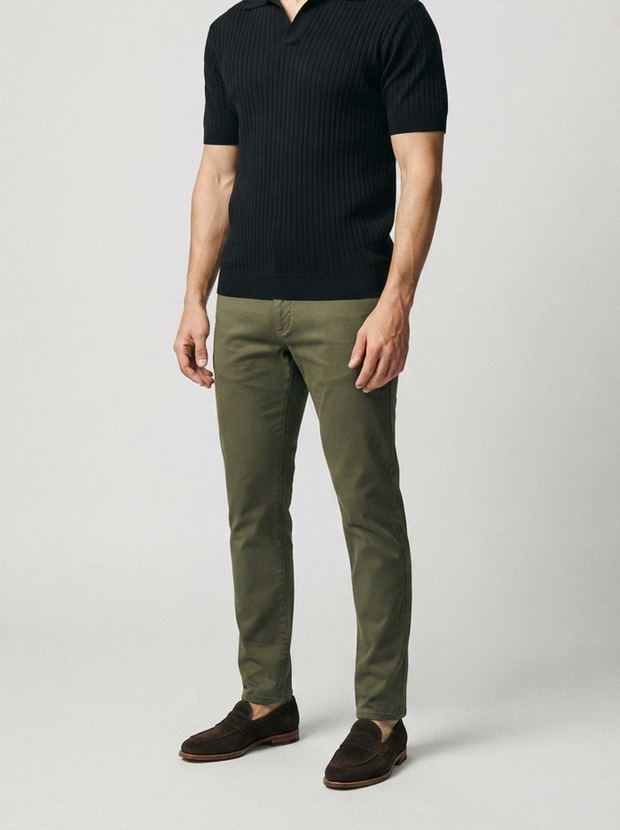 Men's Smart-Casual Ribbed Knit Short Sleeve Polo Shirt with Open Placket