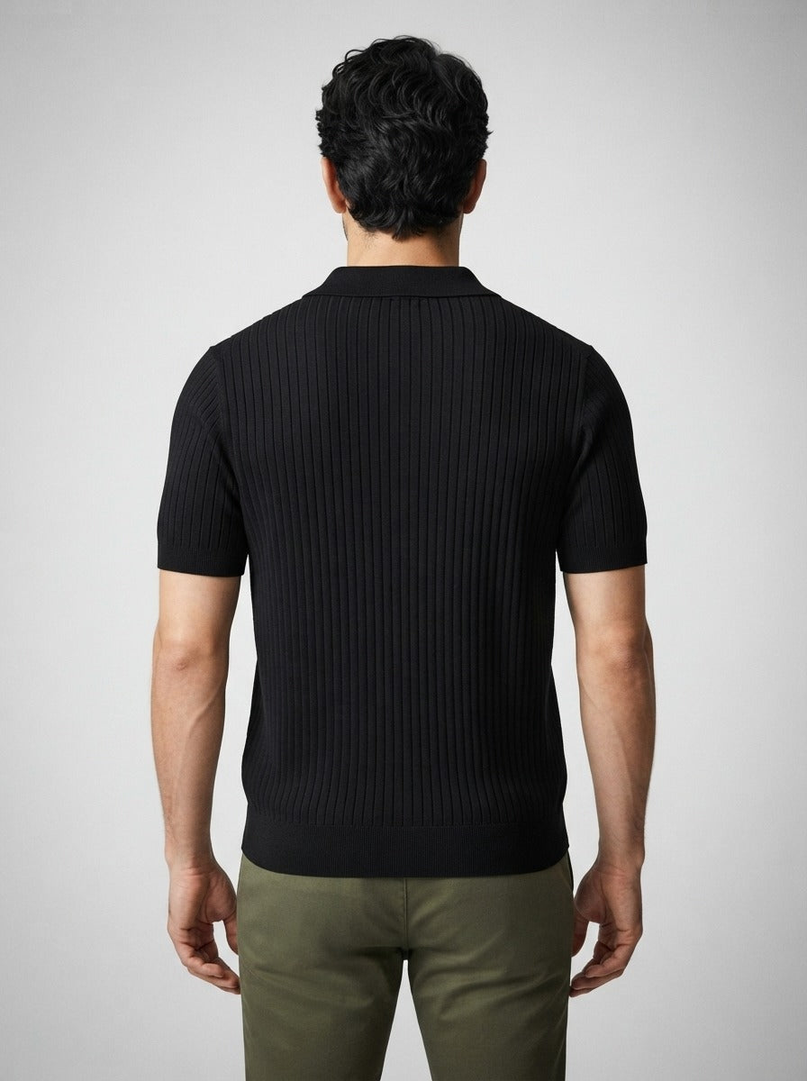 Men's Smart-Casual Ribbed Knit Short Sleeve Polo Shirt with Open Placket